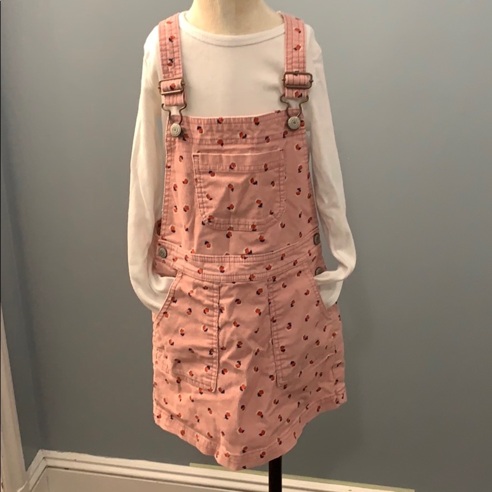 Overall dress with white long sleeve t-shirt